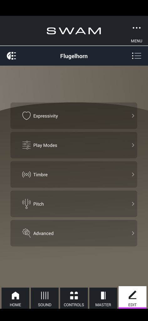 SWAM Flugelhorn mobile app edit menu with options for expressivity play modes timbre and pitch settings