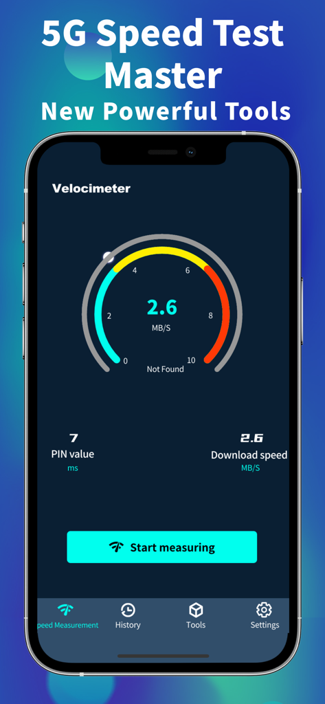5G Speed Test Master - WiFi - Interfaz de la aplicación móvil Master de Prueba de Velocidad 5G mostrando un velocímetro con métricas de velocidad de red y ping.