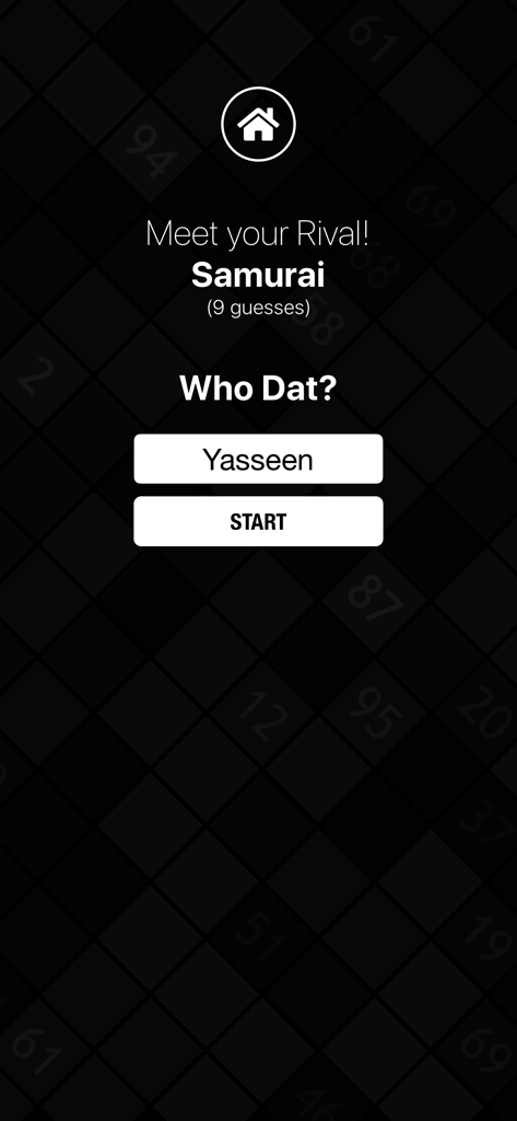 The Number Guessing Challenge - 숫자 맞히기 챌린지 앱에서 사무라이 라이벌과의 경기 설정을 보여주는 모바일 게임 화면.