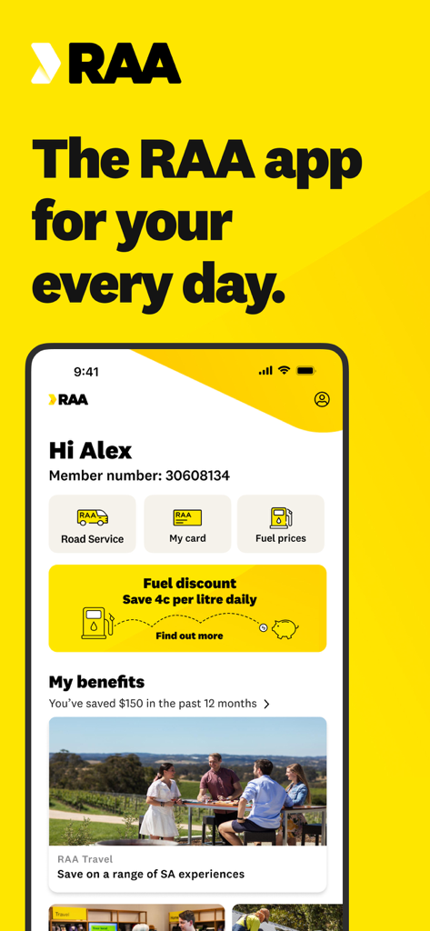 RAA app dashboard with roadside assistance and fuel discounts