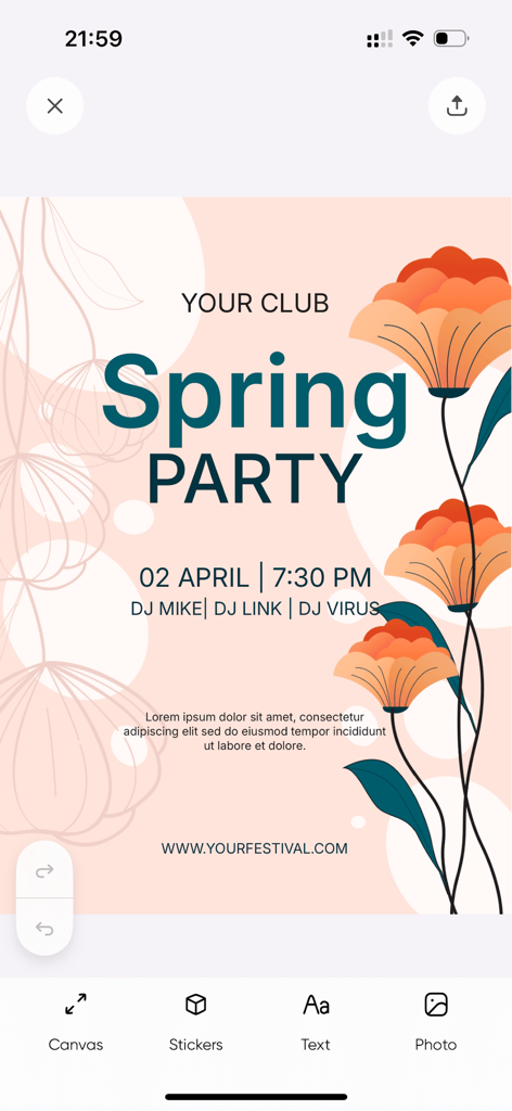 Uma interface móvel do aplicativo Flyer AI apresentando um modelo de cartaz de Festa de Primavera com gráficos florais e ferramentas de edição de design.