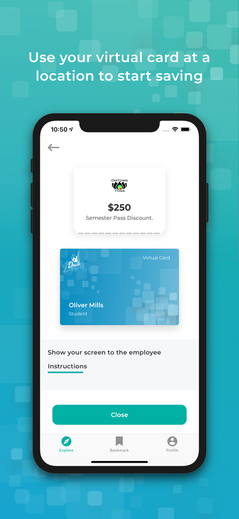 Deals - Eine virtuelle Studentenkarte und ein Yoga-Rabattangebot werden auf der Oberfläche der Angebots-Mobil-App angezeigt.
