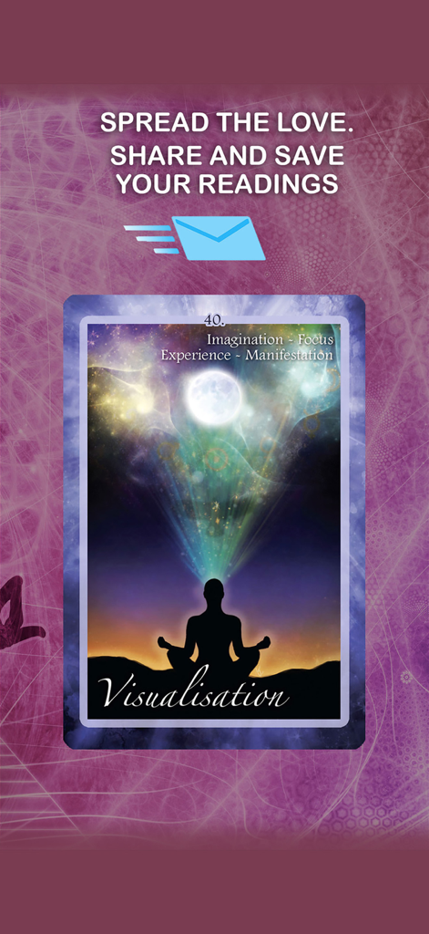 Chakra Insight Oracle - Visualization oracle card from the Chakra Insight Oracle app showing a silhouette meditating under a full moon with options to share and save readings