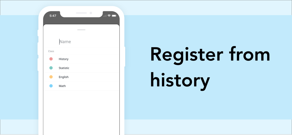 Simple Timetable・Simple & Cool - Una pantalla minimalista de iPhone que muestra la función de registrar desde el historial con una lista de materias como Historia y Matemáticas