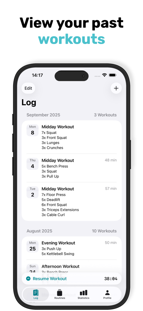 RepCount - Gym Workout Tracker - Una pantalla móvil mostrando el registro de la app RepCount de entrenamientos de gimnasio pasados con listas de ejercicios y duraciones de entrenamiento.
