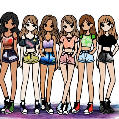 a group of girls wearing crop tops and shorts