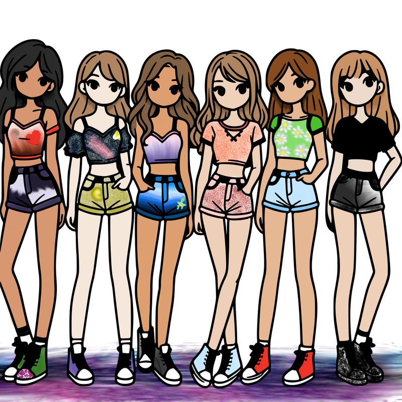 a group of girls wearing crop tops and shorts