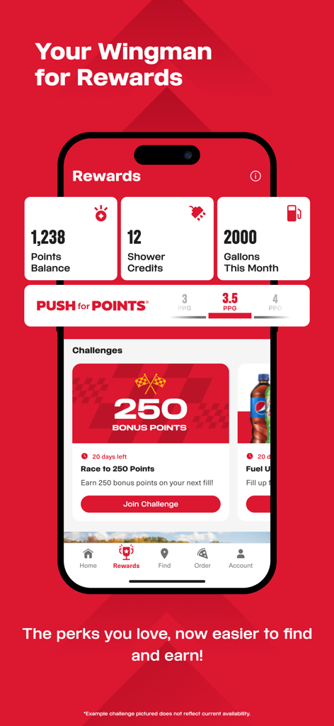 Pilot: myRewards - Pilot myRewards app rewards dashboard showing points balance, shower credits, and fuel rewards challenges.
