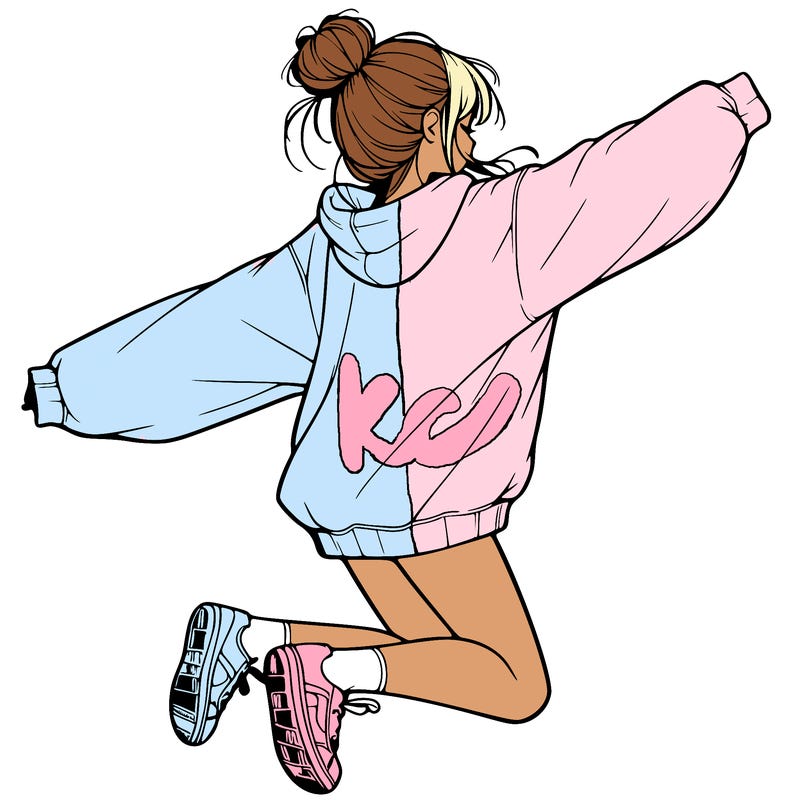 realistic girl jumping with a bun and oversized sweatshirt