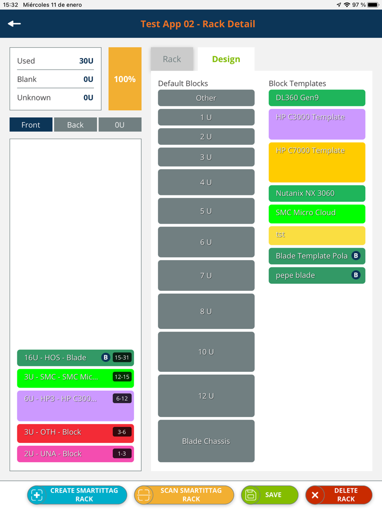 Interfaz de la aplicación BAC Builder para iPad que muestra la configuración de unidades de racks de servidores con bloques coloridos y plantillas de equipos