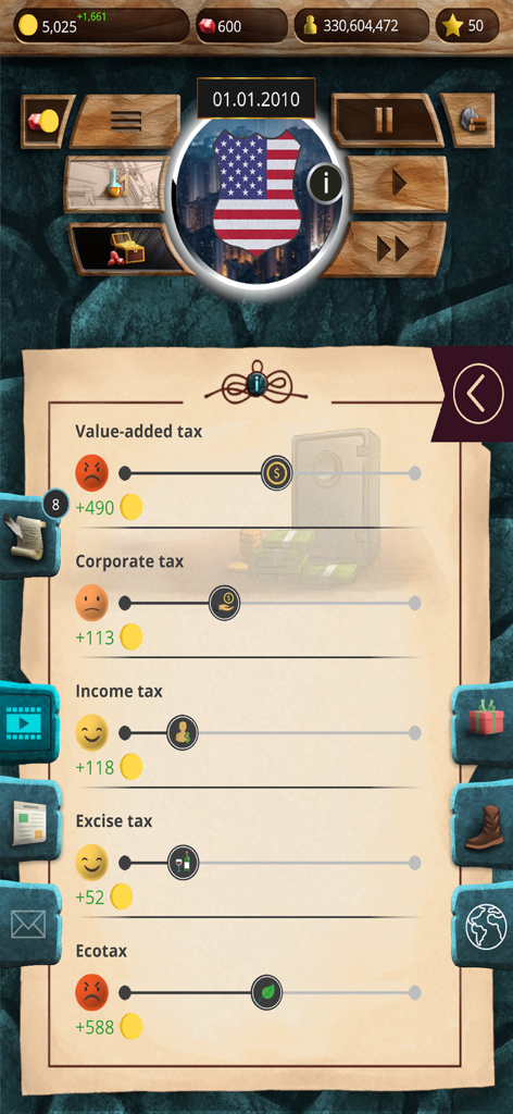 MA 1 – President Simulator - Tax management screen in MA 1 President Simulator showing sliders for corporate income and excise taxes.