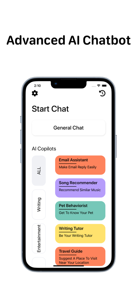 Copilot AI - AI Chat Assistant - Copilot AI app interface showing built-in AI assistant templates for email writing, music recommendations, and travel guides
