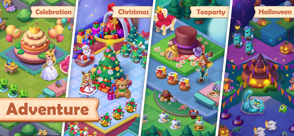 Alice's Mergeland - Alices Mergeland game adventure panels showing Celebration Christmas Teaparty and Halloween themes