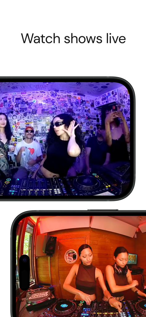 Two mobile phone screens displaying live DJ performances and music shows on the Mixcloud app