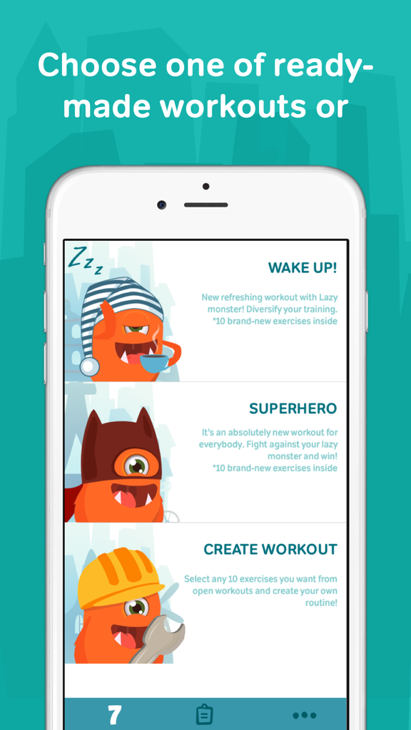 7 minute workouts with lazy monster PRO: daily fitness for kids and women - iPhone screen displaying different workout themes with an orange cartoon monster including wake up and superhero options