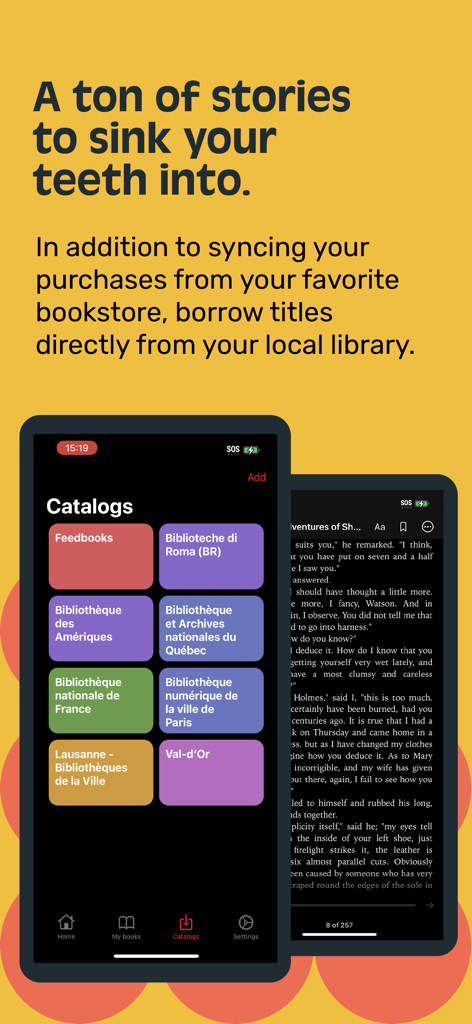 Cantook by Aldiko app interface showing various library catalogs and a dark mode reading screen