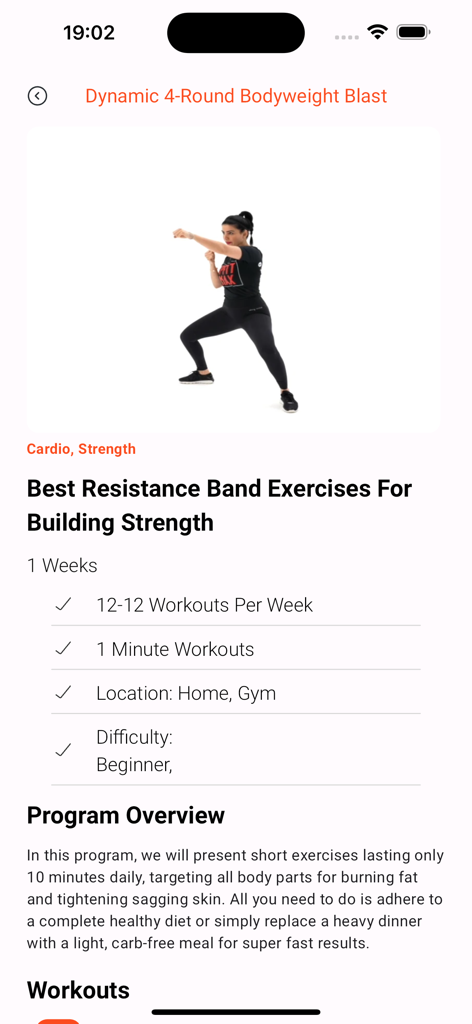 PopFit Max app screen showing a resistance band strength program overview with Sara PopFit