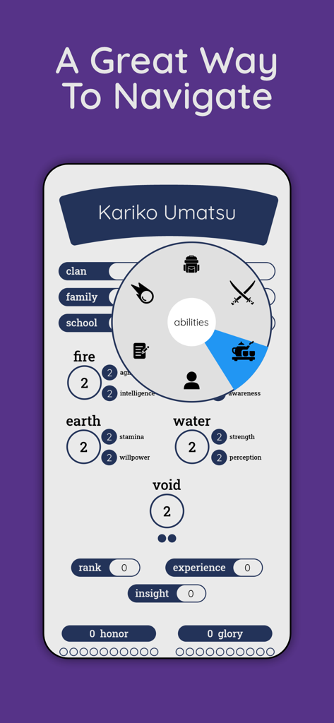 Protagonist - A character sheet in the Protagonist app showing a radial navigation menu for RPG stats and inventory.