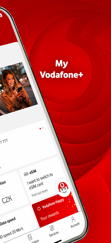 Interface de l'application mobile My Vodafone plus affichant la gestion eSIM et les fonctionnalités de récompenses