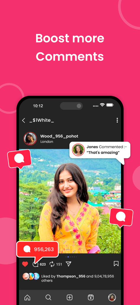 TopFollow - Tags - A smartphone showing an Instagram-like post with high engagement and a text overlay saying Boost more Comments on a pink background.