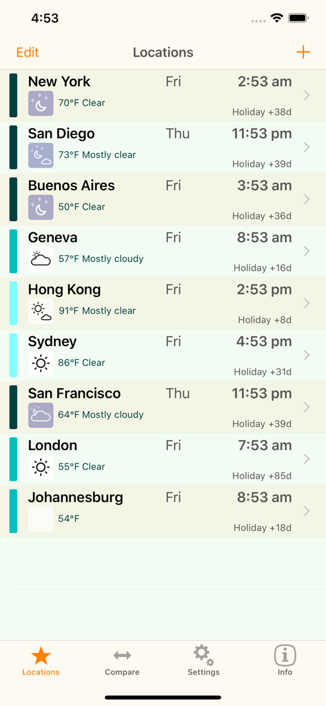 ZoneTrekker - World Clock - ZoneTrekker world clock interface displaying multiple city times weather and holidays