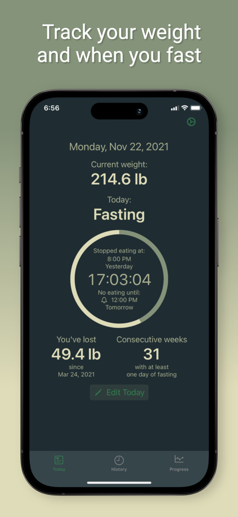 Fasty: Fasting Tracker - Minimalist dashboard of the Fasty app showing a fasting timer and weight loss progress