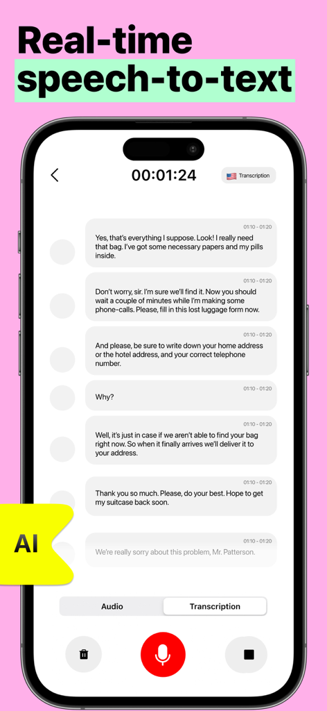 Voice Recorder: Speech-to-Text - Teléfono inteligente mostrando transcripción de voz a texto de IA en tiempo real de una conversación