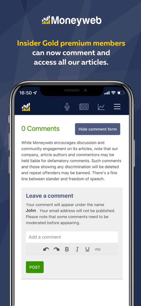 Mobile interface of Moneyweb News app showing the comment section for Insider Gold premium members