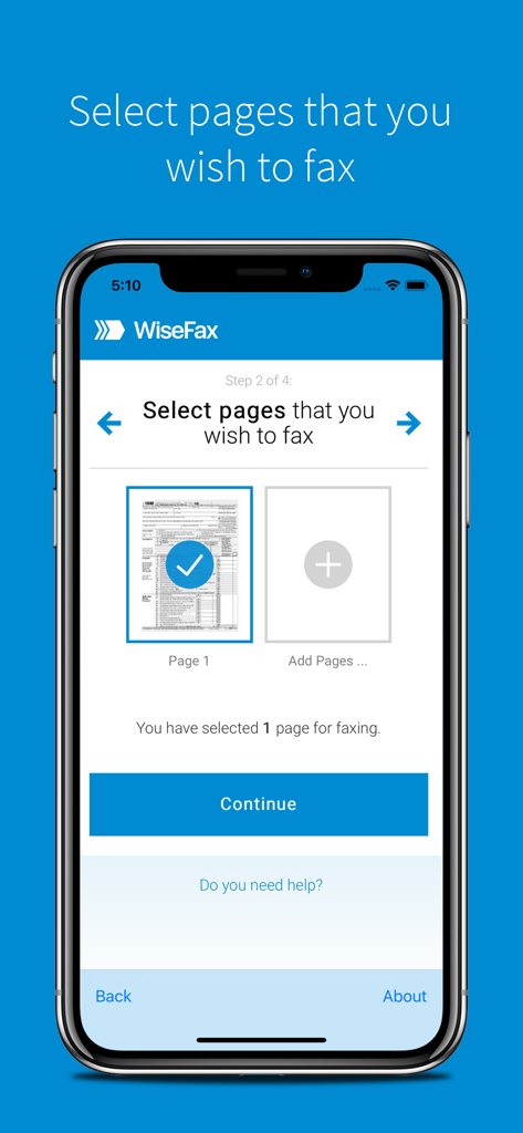 WiseFax app interface showing document page selection for faxing