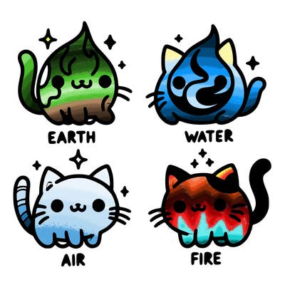 4 cats that represent the different elements, earth, water, air, and fire