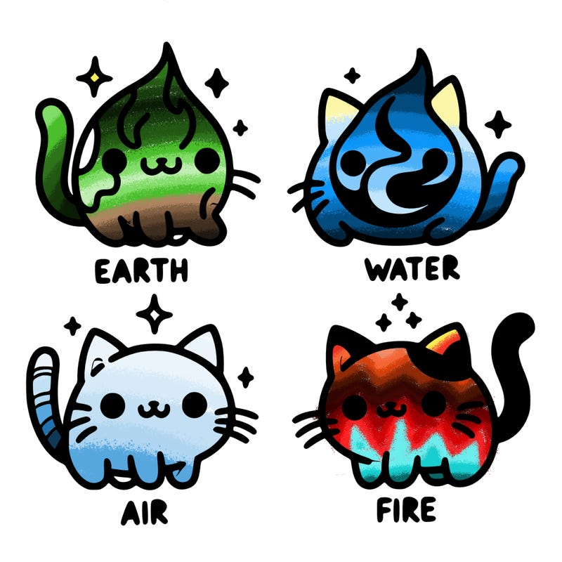 4 cats that represent the different elements, earth, water, air, and fire