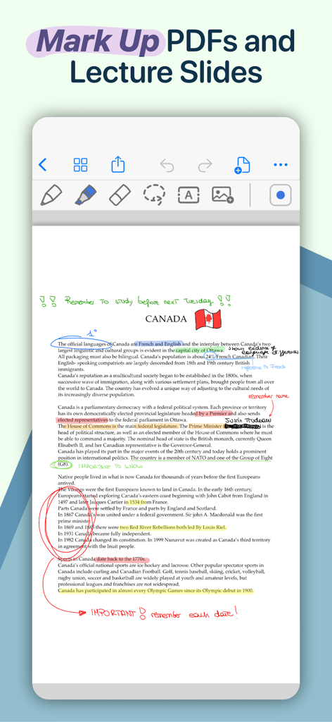 QuickNotes X: Notes, AI & PDF - A digital note-taking interface showing a PDF about Canada with colorful highlights, handwritten circles, and text annotations.