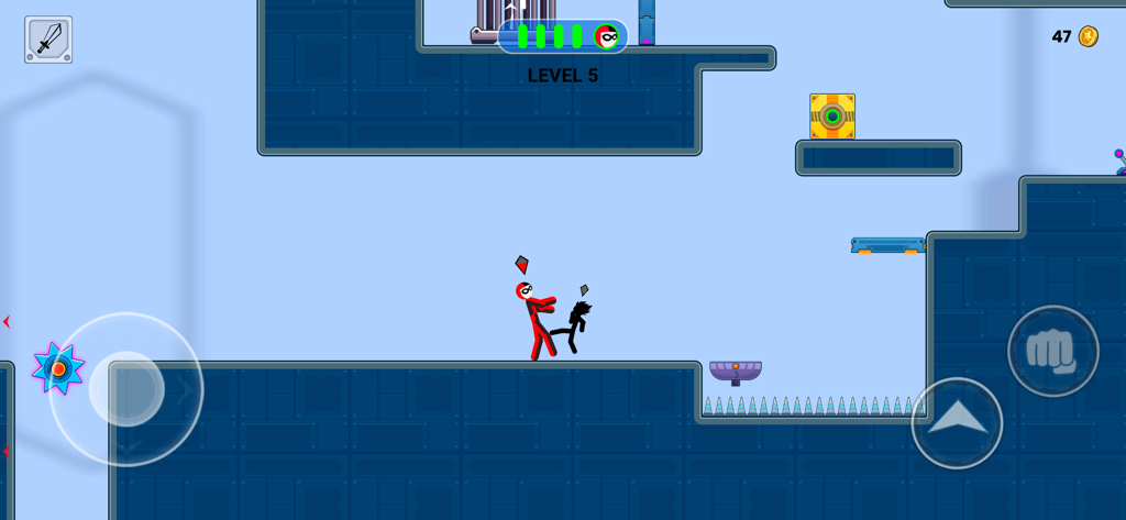 Anger of Stickman - A stickman character engaging in combat with an enemy in a blue platformer level with spikes and on-screen controls.