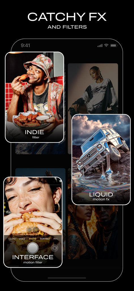 Vids AI - Reels Video Editor - Interfaccia di un'app mobile che mostra accattivanti filtri video ed effetti di movimento basati su AI.