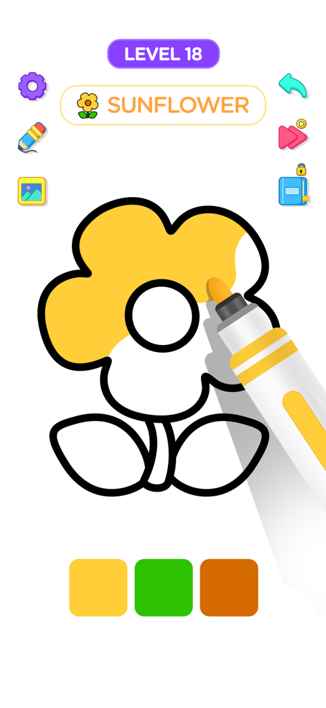 Coloring Book ASMR Drawing - A yellow marker coloring a sunflower outline in the ASMR drawing app.