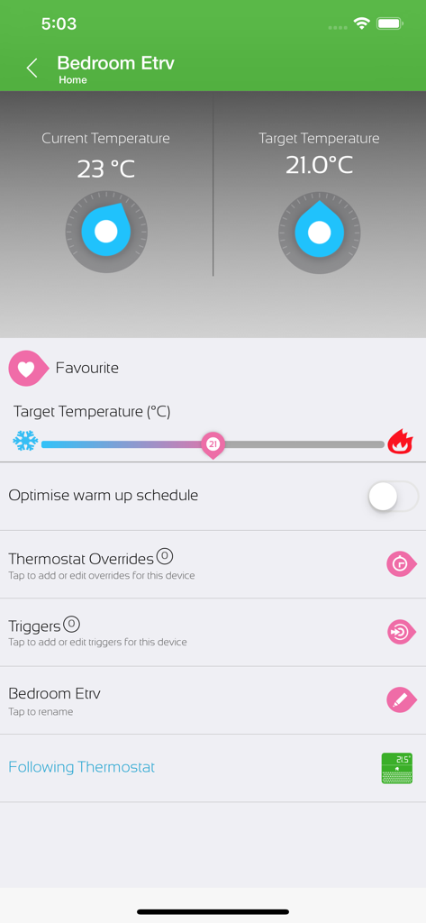 Interfaz de la aplicación MiHome para controlar la temperatura de la válvula del radiador del dormitorio