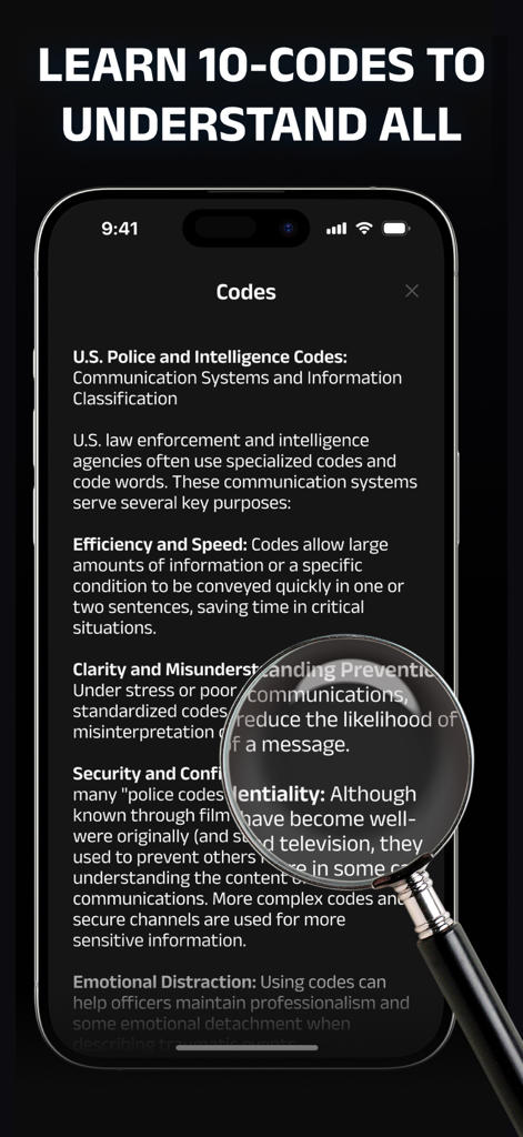Smartphone screen from Police and Fire Scanner Radio app explaining the importance of police 10-codes.