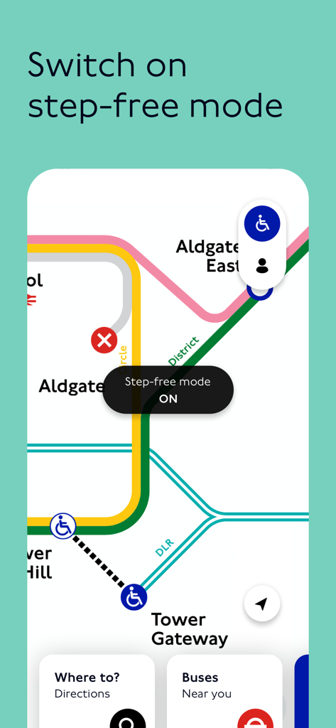 TfL Go: Plan, Pay, Travel - TfL Go app showing step-free mode enabled on the London Tube map with wheelchair accessibility icons