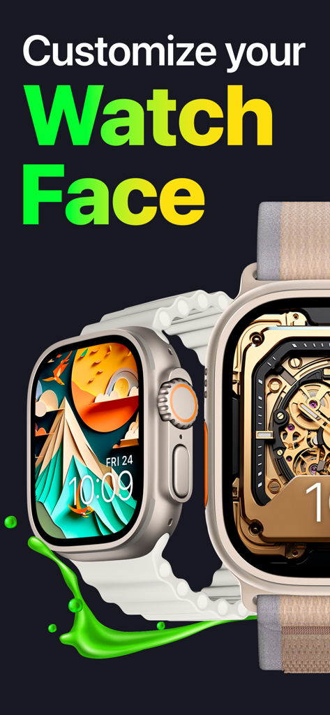 Watch Faces - WatchLab - Deux appareils Apple Watch Ultra affichant des cadrans de montre artistiques et mécaniques de l'application WatchLab