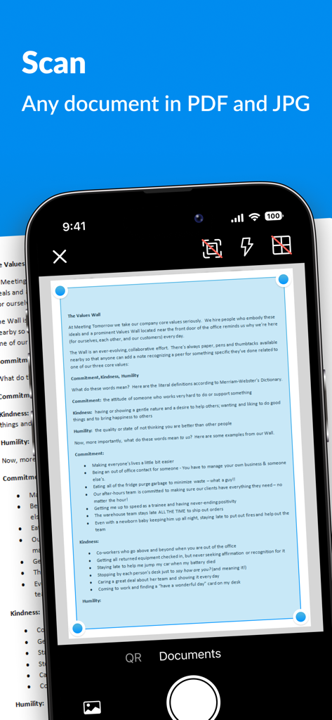 Scannero: fast scan to PDF&JPG - Pantalla de iPhone mostrando la aplicación Scannero escaneando un documento en papel con detección automática de bordes.