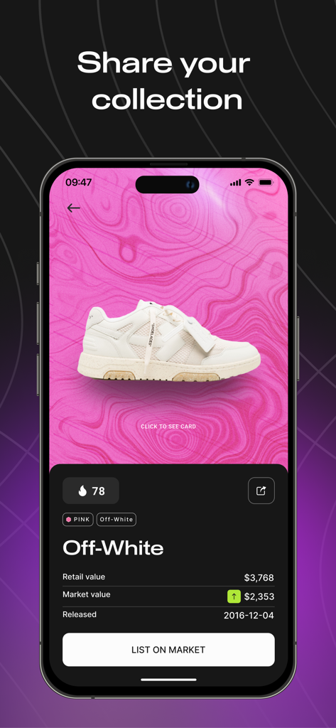 Digital sneaker trading card for Off-White shoes showing market value in the BoxedUp app.
