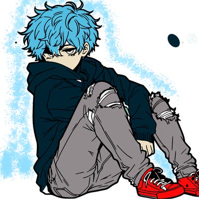 a male hoddie ripped jeans messy hair anime
