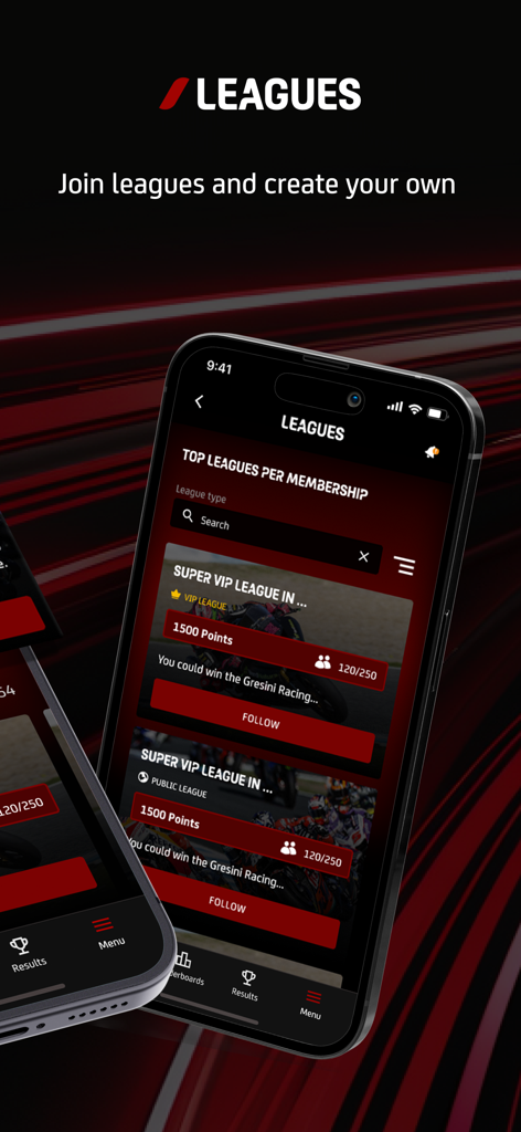MotoGP™ Guru Predict - Ein mobiler Screenshot der MotoGP Guru Predict App, der die Ligenschnittstelle für den Beitritt und die Erstellung von Rennwettbewerben zeigt