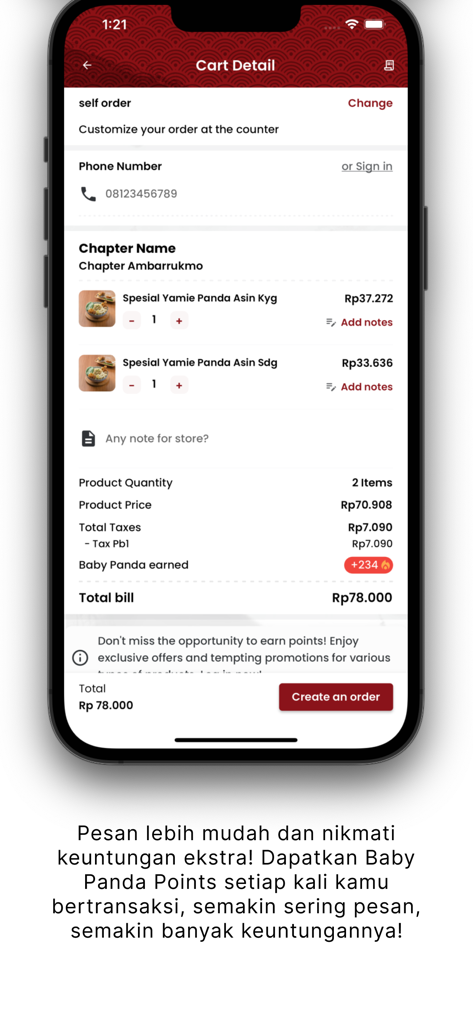 Yamie Panda - Yamie Pandaモバイルアプリのカート詳細ページ。食品注文と獲得した特典ポイントが表示されています。