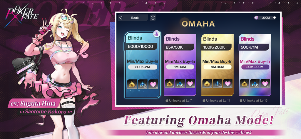 Omaha mode selection screen in Poker Fate featuring anime character Saotome Kokoro