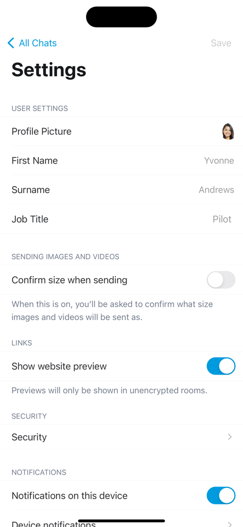 Jeppesen FlightChat - The user settings screen of the Jeppesen FlightChat app displaying pilot profile information and notification preferences.