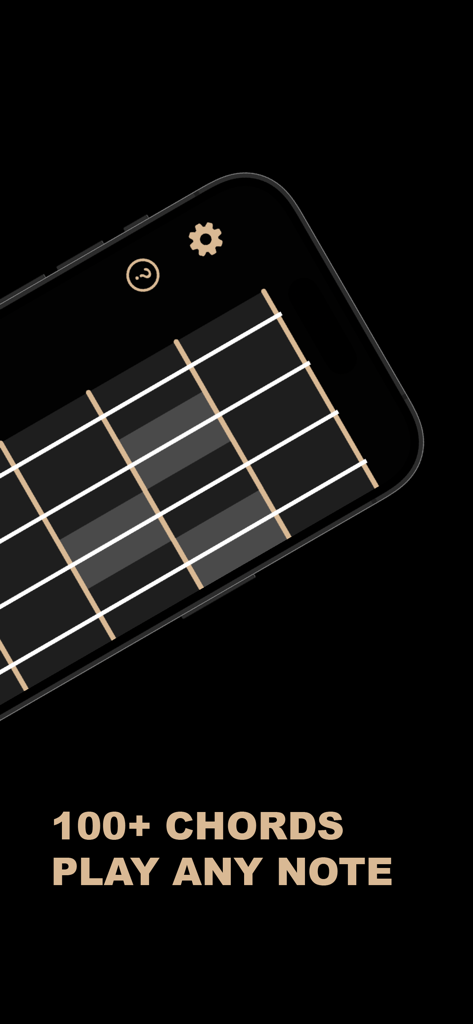 A smartphone screen displaying the Pocket Uke virtual ukulele fretboard with text about playing chords and notes