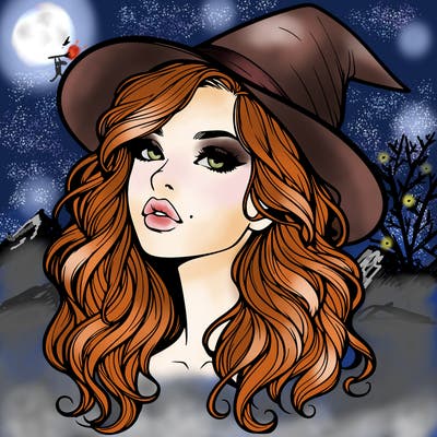 realistic witch girl with wavy hair and lips
