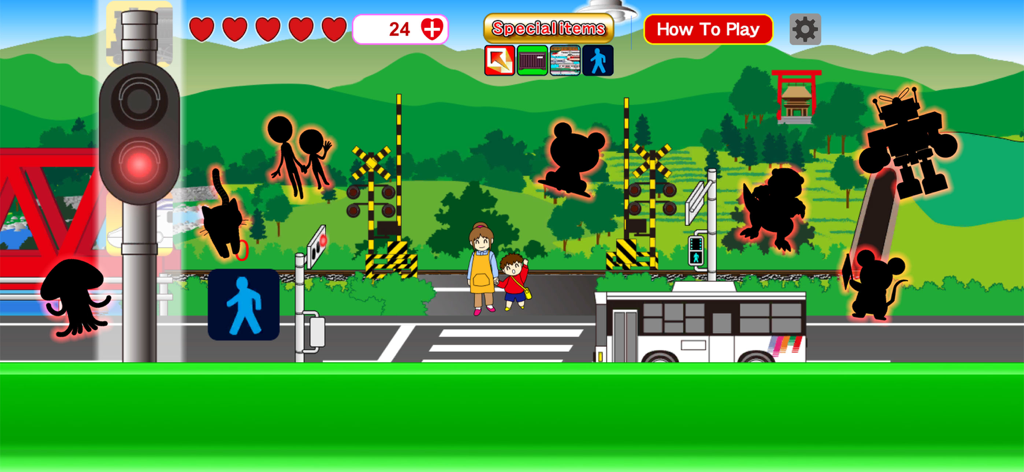 Working Car Vroom S - Gameplay screen of Working Car Vroom S showing a bus, character silhouettes, and a woman with a child on a road with a scenic landscape background.