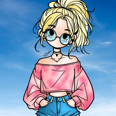 girl with a messy ponytail glasses a baggy crop top and jean shorts